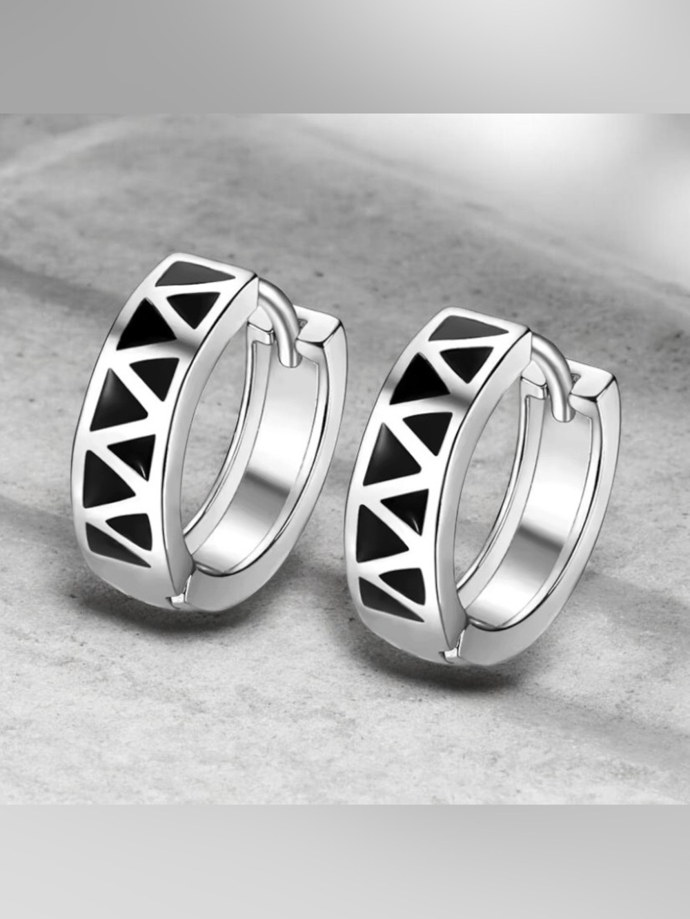 S925 Sterling Silver 1/2” Hoop Huggie Earrings with Black Triangle Inlay